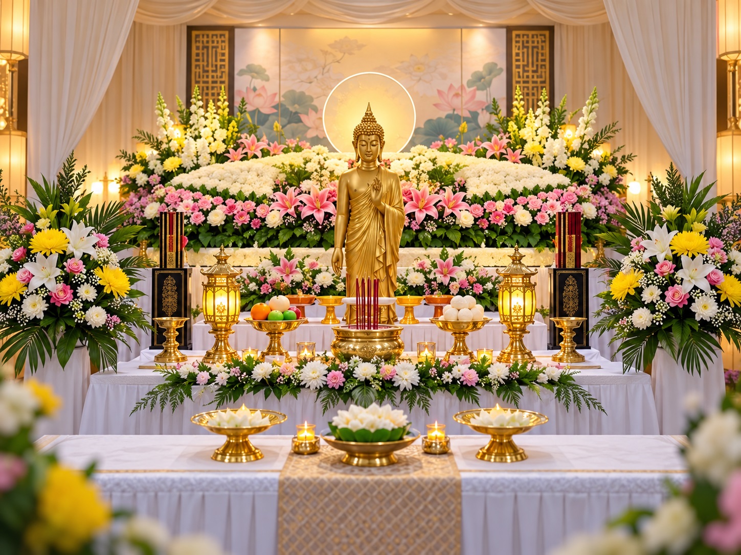 Serene Buddhist Memorial Altar with Flowers